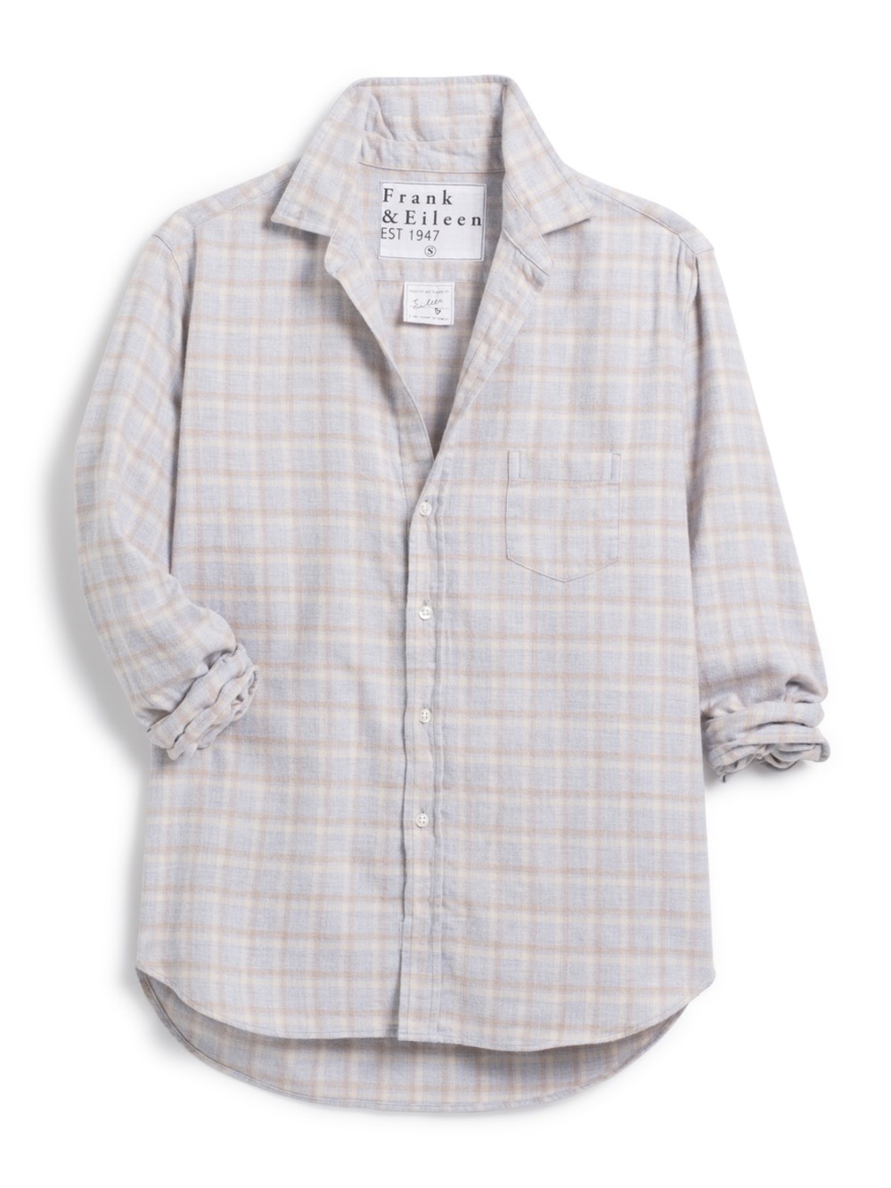 NEW Frank & Eileen Eileen Relaxed Button-Up Flannel in Camel Cream Gray Plaid L - Picture 2 of 10